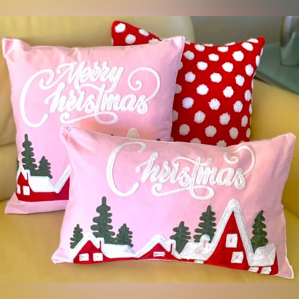 12x20 Pink Christmas Embroidered Merry Christmas Village Throw Pillow Cover New